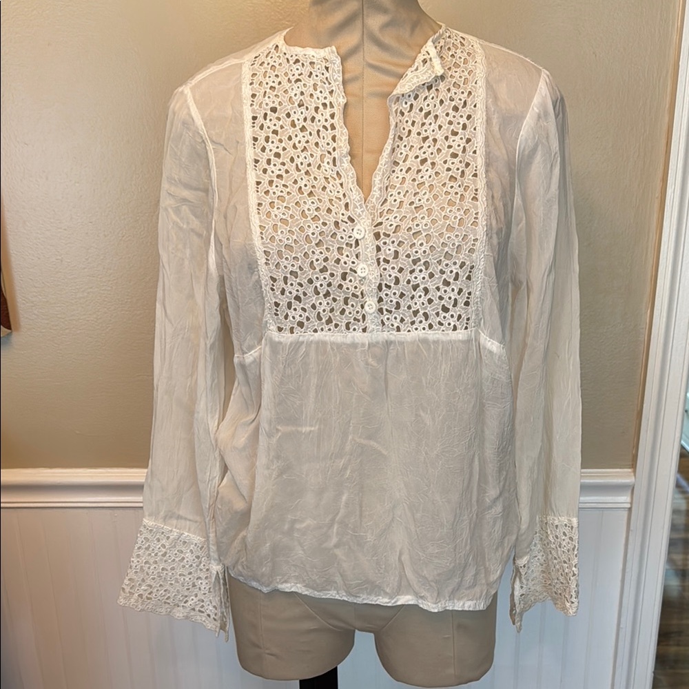 Johnny Was White Long Sleeve Embellished Blouse